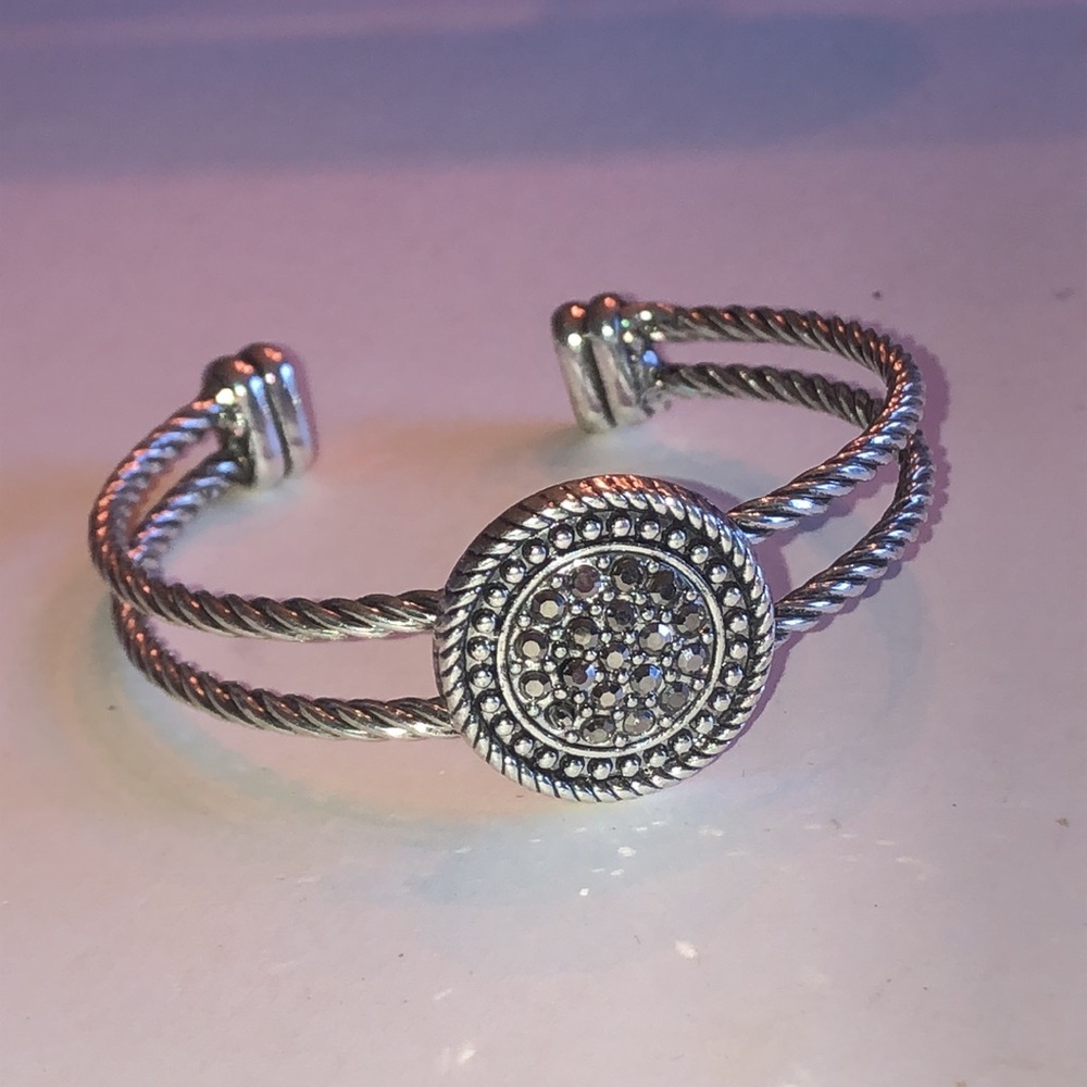 Silver Tone Pave Crystal Double Strand Boho Cuff Bracelet
